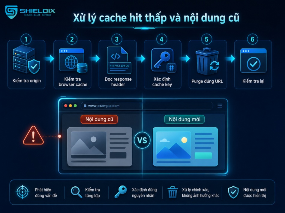 Quy trình xử lý cache hit thấp và nội dung cũ khi website sử dụng CDN