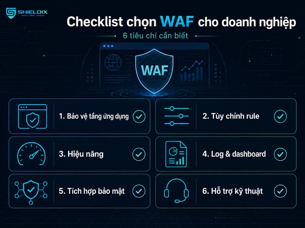 Checklist 6 tiêu chí chọn WAF cho doanh nghiệp: bảo vệ, rule, hiệu năng, log, tích hợp và hỗ trợ