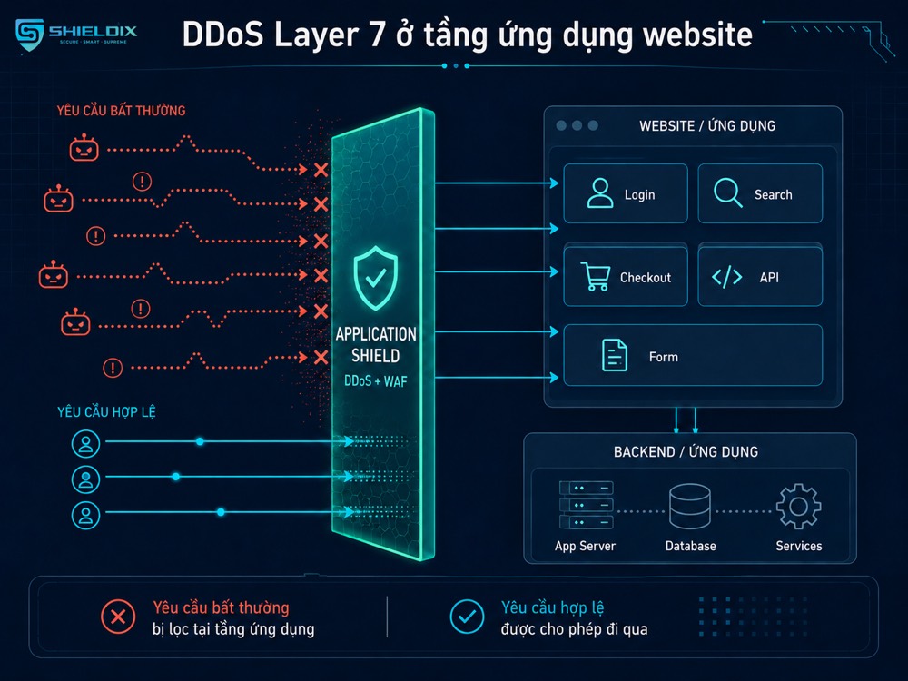 DDoS Layer 7 được lọc qua Application Shield trước khi vào website