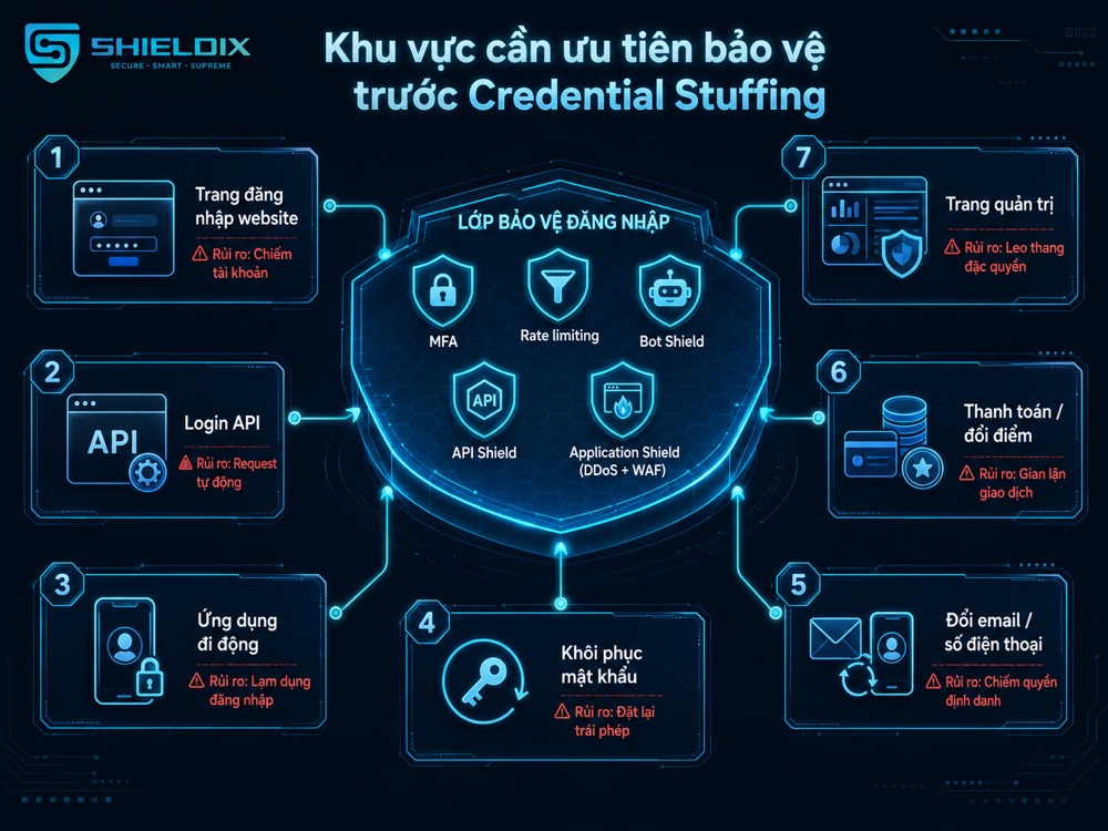 Các khu vực cần ưu tiên bảo vệ trước Credential Stuffing trong hệ thống đăng nhập