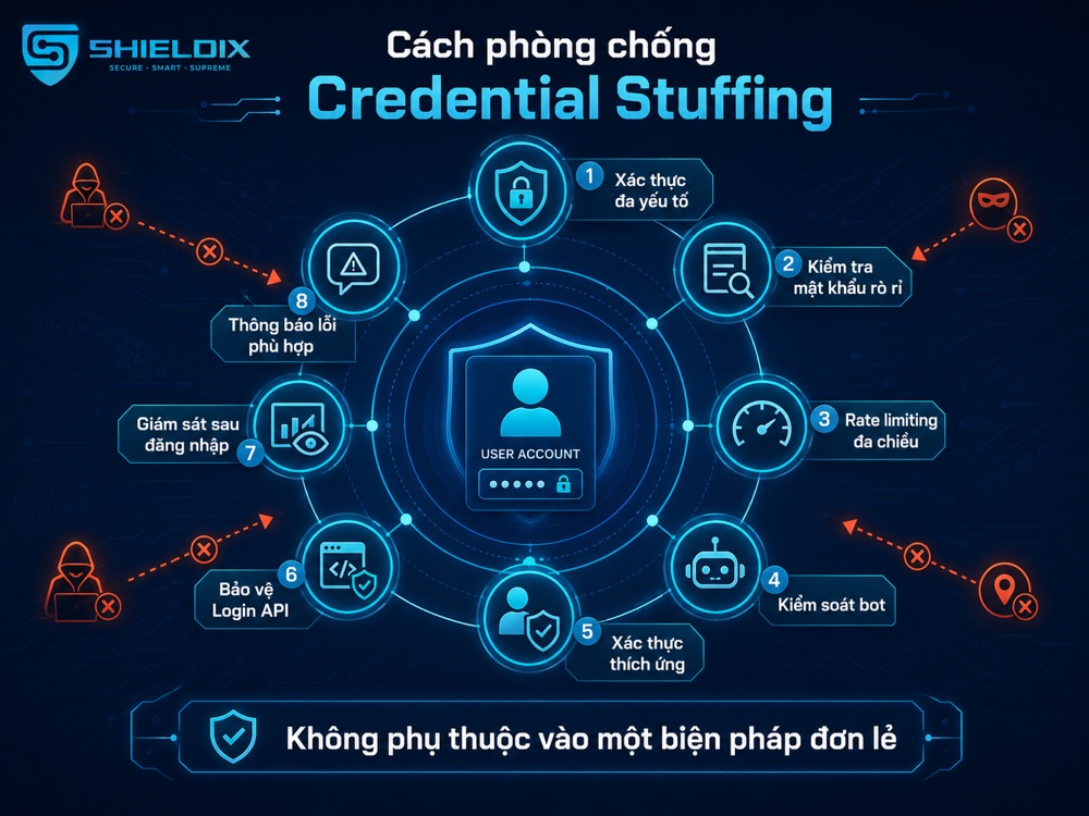 Các lớp phòng chống Credential Stuffing gồm MFA, rate limiting và kiểm soát bot