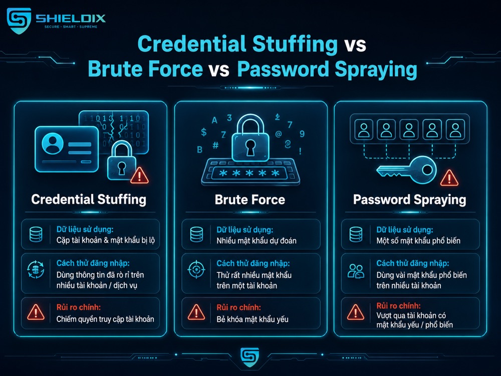 So sánh Credential Stuffing, Brute Force và Password Spraying trong tấn công đăng nhập