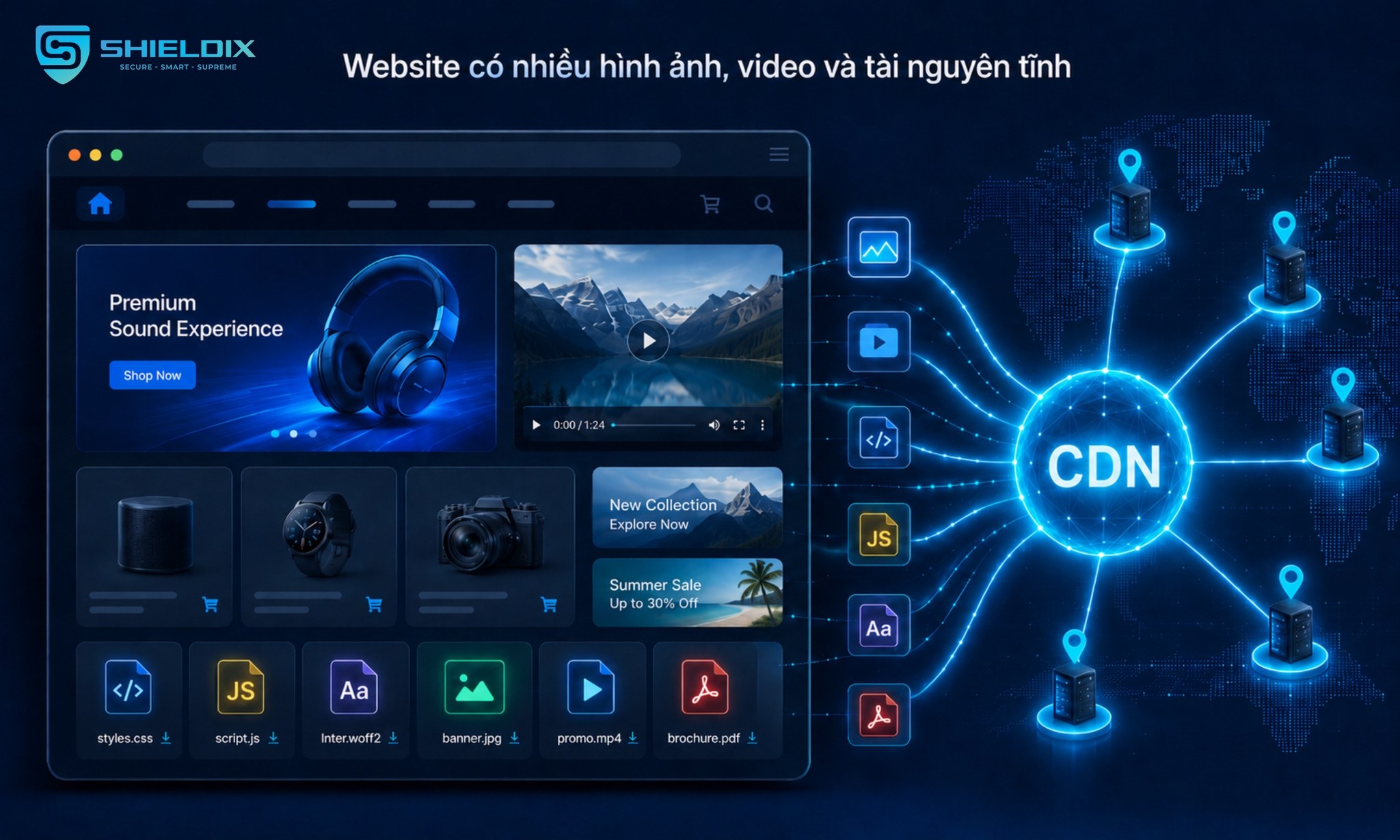 Website có nhiều hình ảnh, video, banner, CSS, JavaScript, font và file tải xuống phù hợp để đánh giá CDN