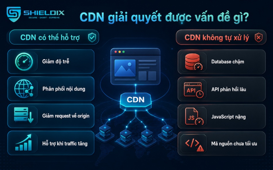 CDN hỗ trợ giảm độ trễ và tải origin nhưng không tự xử lý database, API hoặc mã nguồn chậm