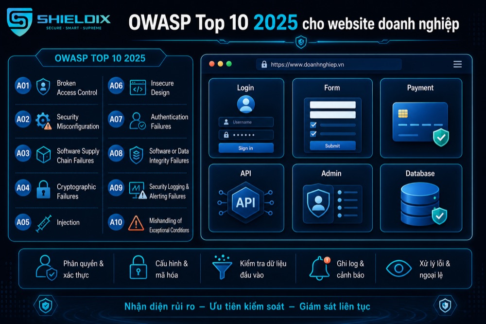 OWASP Top 10 2025 cho website doanh nghiệp với các nhóm rủi ro và biện pháp kiểm soát bảo mật