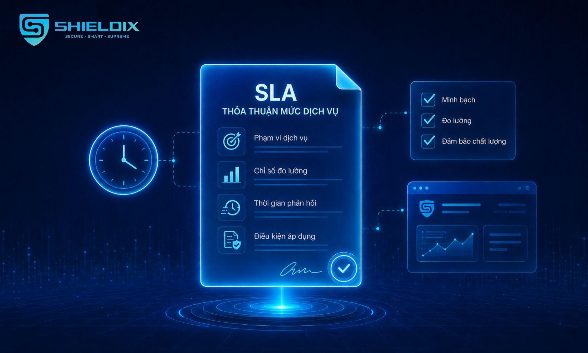 SLA là thỏa thuận mức độ dịch vụ giúp xác định phạm vi cam kết, chỉ số đo lường và thời gian phản hồi