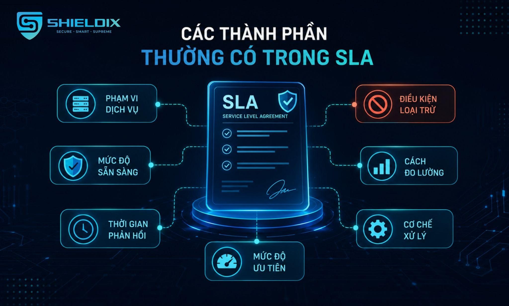 Các thành phần thường có trong SLA gồm phạm vi dịch vụ, mức độ sẵn sàng, thời gian phản hồi và điều kiện loại trừ