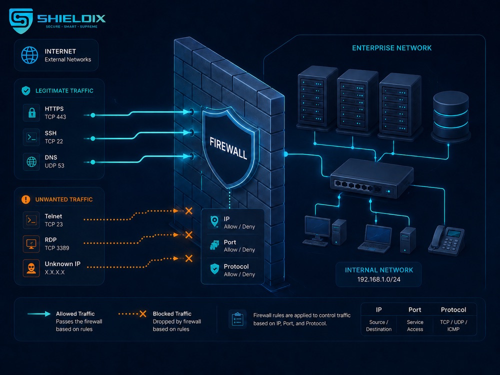 Firewall truyền thống bảo vệ hạ tầng mạng doanh nghiệp theo IP, port và protocol