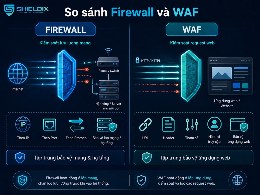 So sánh Firewall kiểm soát lưu lượng mạng và WAF kiểm soát request web